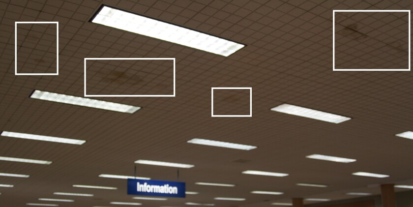 White boxes highlight damage to the ceiling in the Morehead Library.