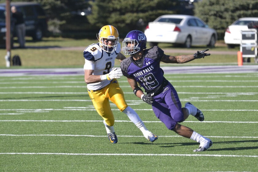 Former Wagner and University of Sioux Falls football player Solomon St. Pierre competes in a game last year in Sioux Falls. (Garrick Hodge/Republic)