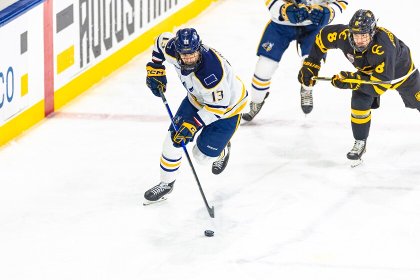 Augustana's Will Howard skates up the ice against Colorado College on Friday, Jan. 2, 2026, at Midco Arena in Sioux Falls.