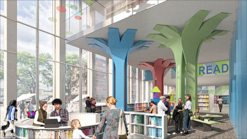 Architects rendering of the 1st floor of the proposed Moorhead library and community center.png