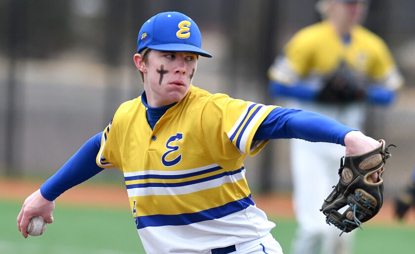 Esko’s Cale Haugen (5) fires a pitch in the first inning
