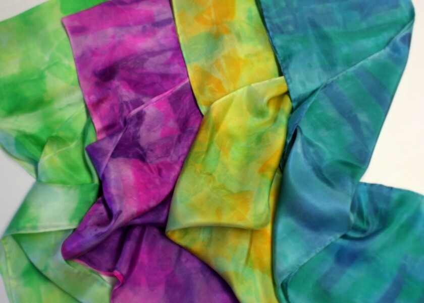 Artist Diane Runberg’s dyed silk scarves. Runberg’s will host a silk scarf-dyeing workshop April 9 at the Franklin Arts Center in Brainerd. (Submitted)