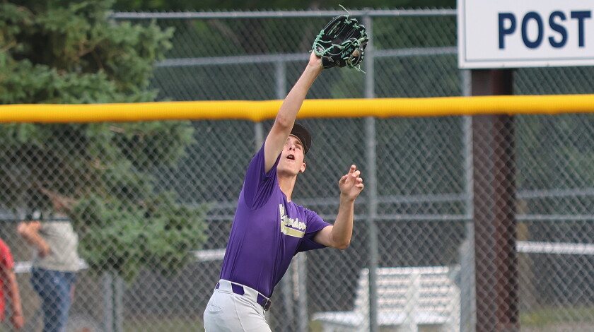 Montevideo right fielder Caleb Klaassen makes a running catch for an out during a Division II West Central Sub-State Legion baseball playoff game against Parkers Prairie on Thursday, July 23, 2026 at Montevideo.