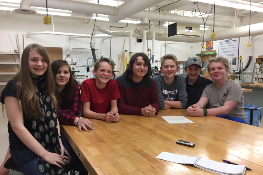Students at Forestview Middle School pose for a photo in the school after talking about the future of technology. Pictured left to right is Aleah Bauer, Ashlee Adams, Barrett Rezac, Cameron Gliottone, Ethan Hubert, Tyler Hootenakker and Oliver Schwab. Spenser Bickett/Brainerd Dispatch