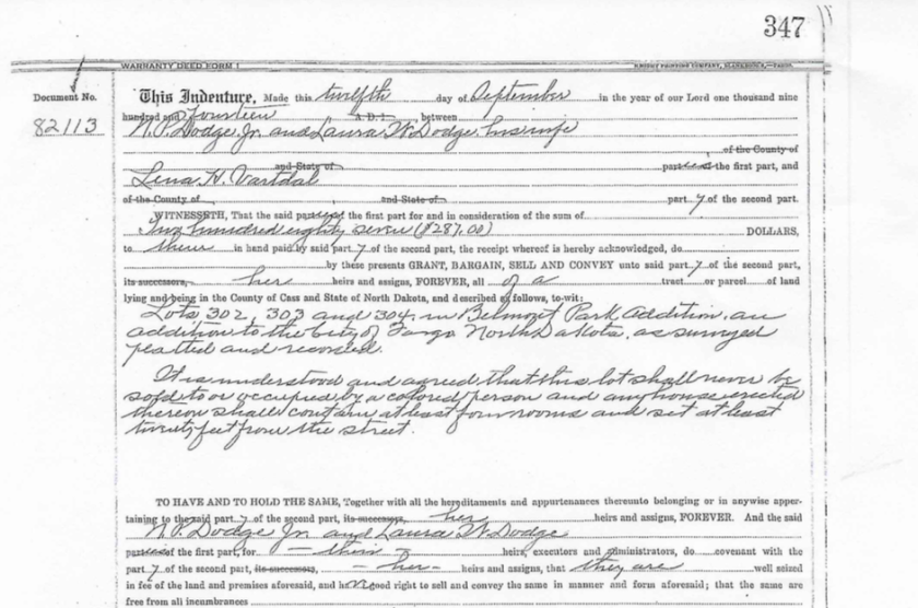 Racial covenant included in legal deed for the Belmont Park Addition in Fargo.png