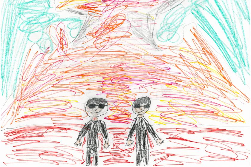 A drawing of two men wearing dark suits and sunglasses.