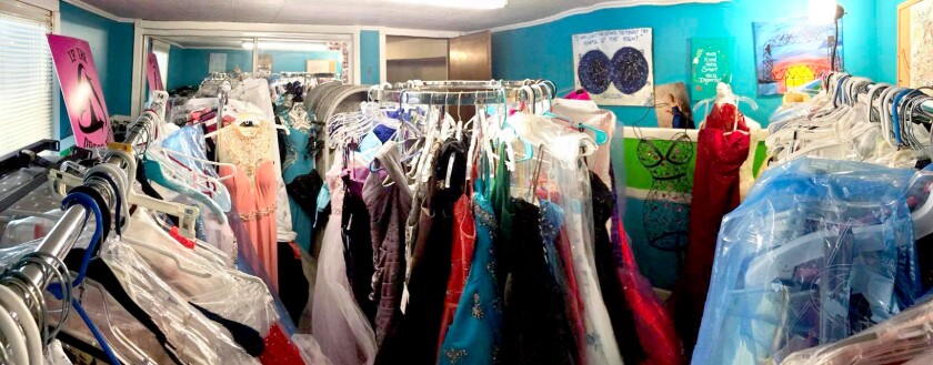 Donated prom dresses fill the bedroom of Ashleigh Franz in 2018.