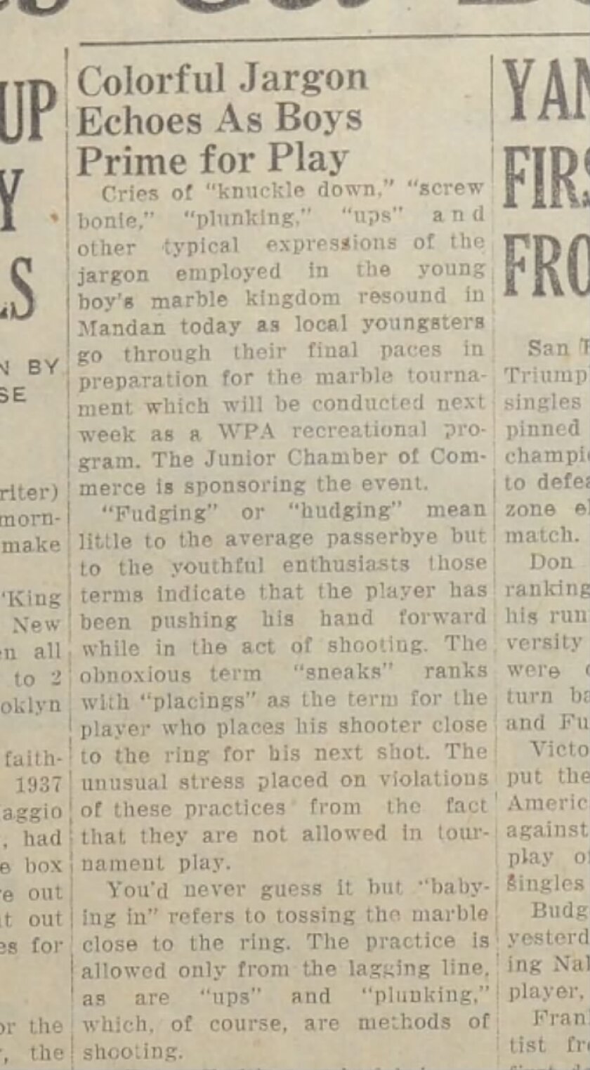 a newspaper clipping from May 1937 about the terminology involved in playing marbles