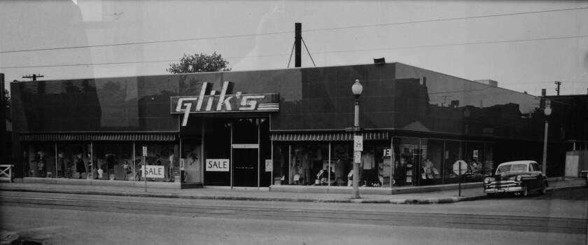 An undated photo of a Glik's storefront on a corner. The family-owned clothing company, headquartered in Illinois, is celebrating 125 years in business. The chain of stores includes a location in Willmar, Minnesota.