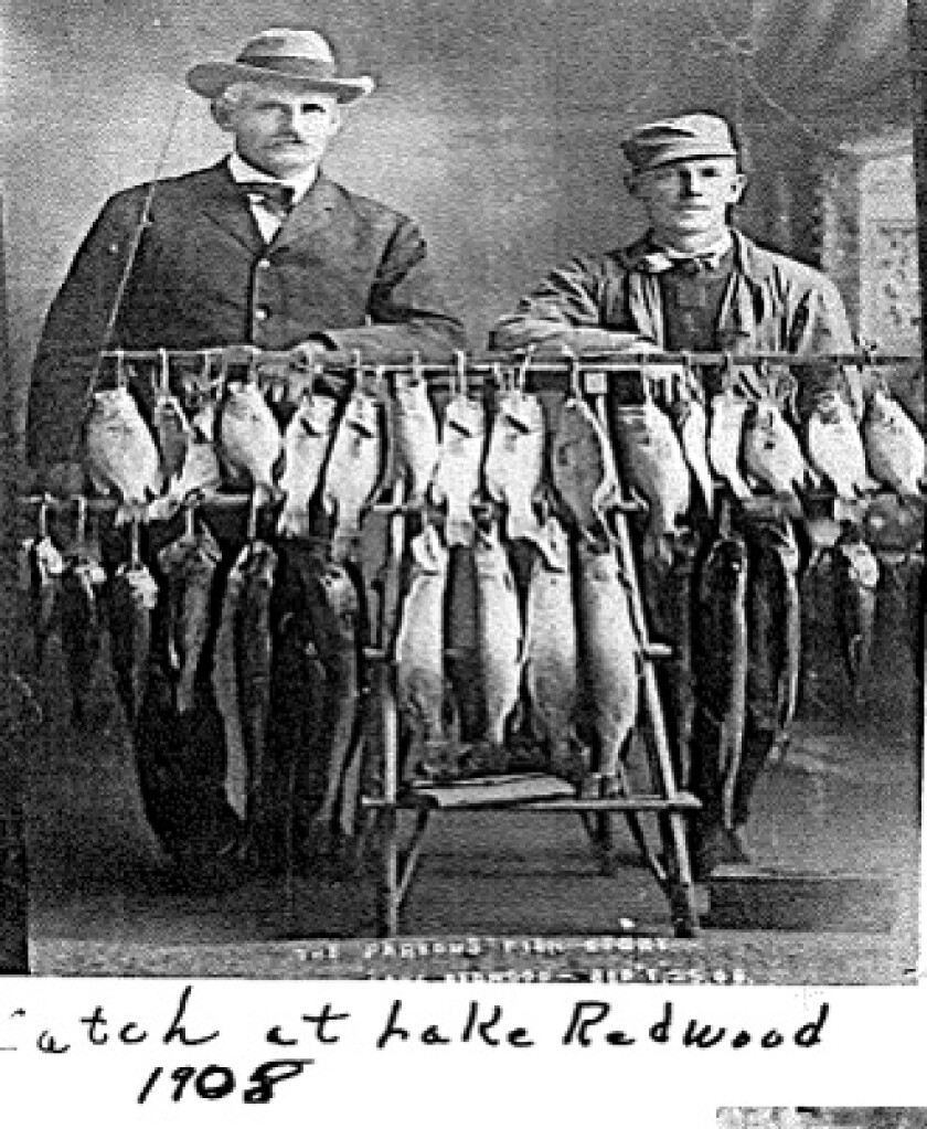 Anglers show off their catch from Lake Redwood in 1908.
