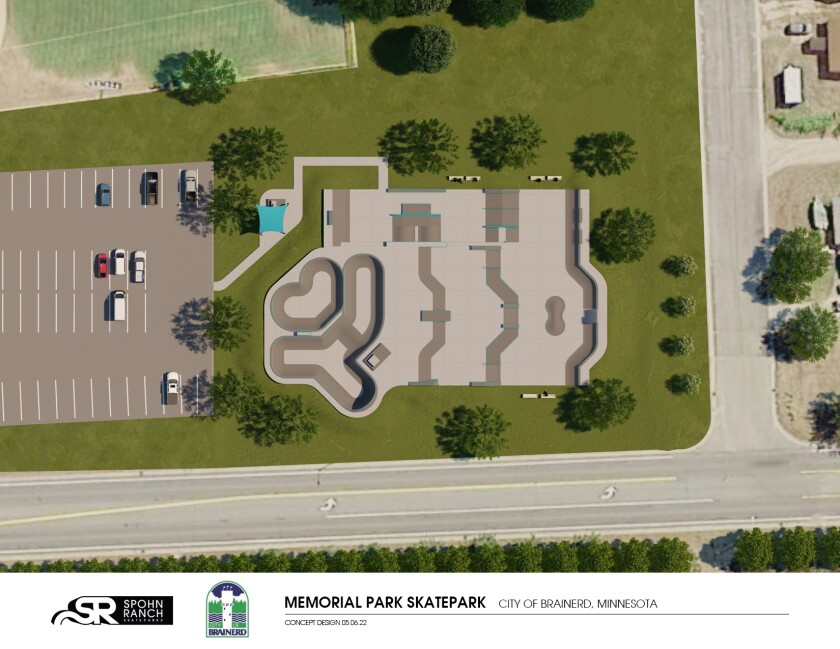 A graphic rendering shows a skate park in the parking lot at Memorial Park in Brainerd.