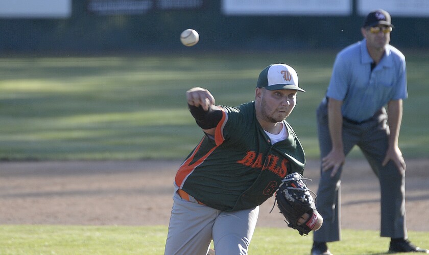 Willmar Rails pitcher Patrick Courtney fires off a throw during a Region 4C elimination game against the Paynesville Pirates on Monday, Aug. 8, 2022 at Green Lake Diamonds in Spicer.