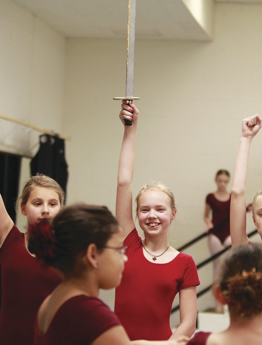 Natalya Kacer, a sixth-grader at Wrenshall Elementary School, practices a scene in the Minnesota Ballet's "The Nutcracker" on Saturday, Dec. 1. She appears in the street scene and as a soldier in upcoming productions. Jamie Lund/Pine Journal