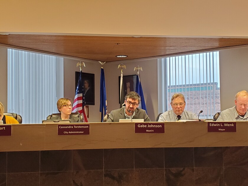 Brainerd City Council members discuss matters during their meeting Monday, May 20, at city hall. Theresa Bourke / Brainerd Dispatch