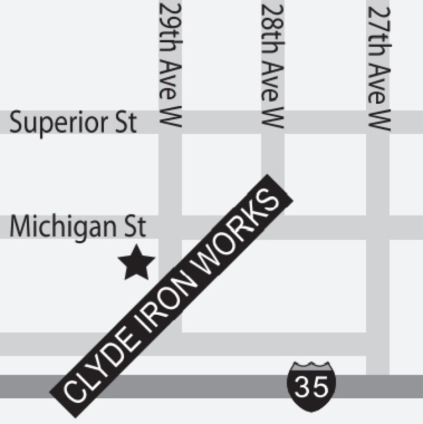 A map showing the location of Clyde Iron Works in Duluth.