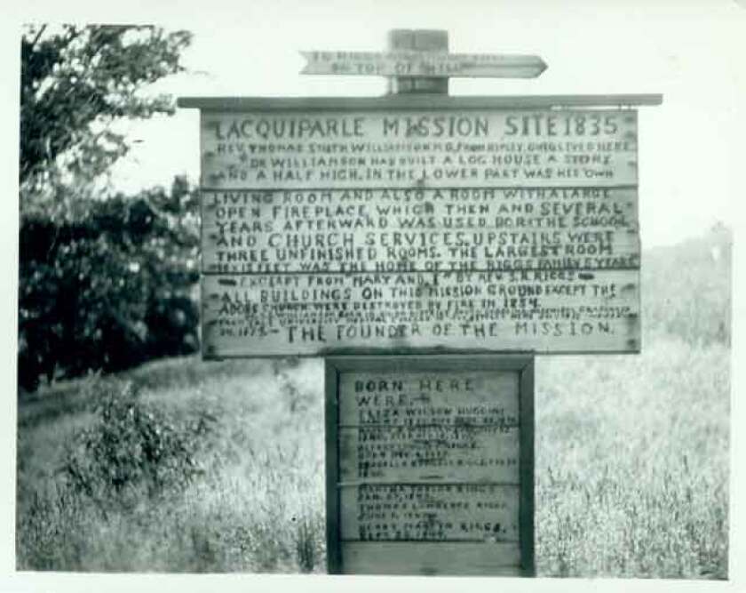 Sign marking Lac qui Parle Mission site 1935.jpg