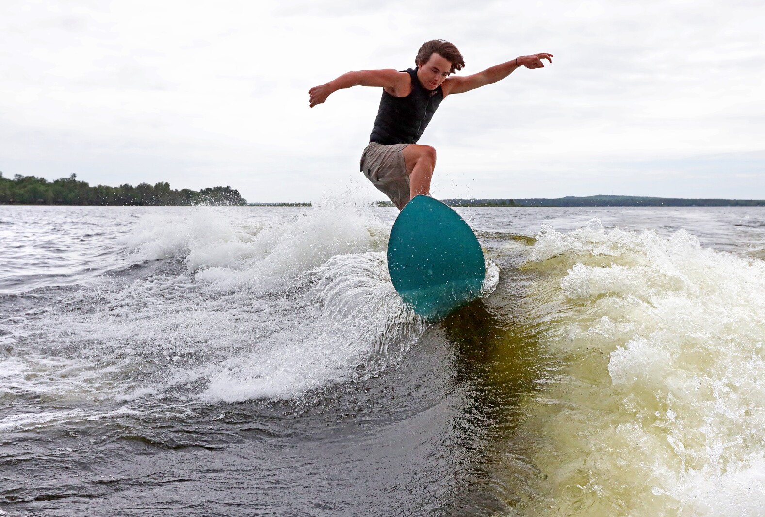 Parker Linn demonstrates wake surfing.