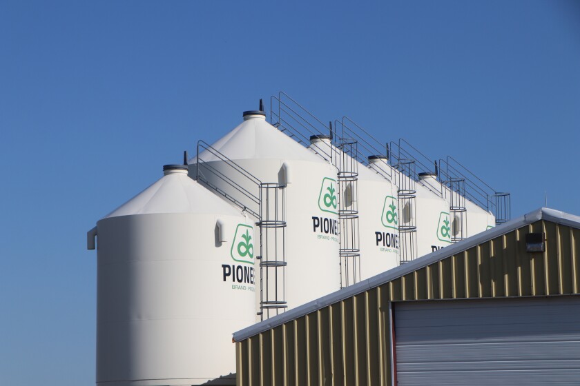 A set of gleaming Pioneer Seed hopper bins stands next to a building on the Reuman Ag headquarters at Presho, S.D.