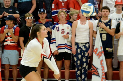 Willmar senior Allie Rosendahl waits on the ball for a dig during a Central Lakes Conference match against Sartell on Tuesday, Sept. 27, 2022 at the Big Red Gym at Willmar High School.