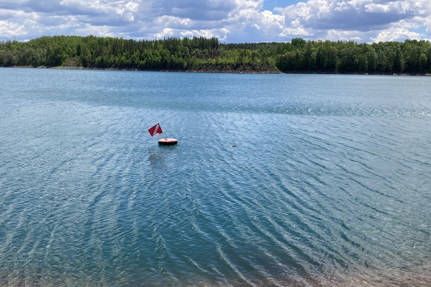 A red flag with a white diagonal stripe float on top of a lake indicating a diver below the surface.