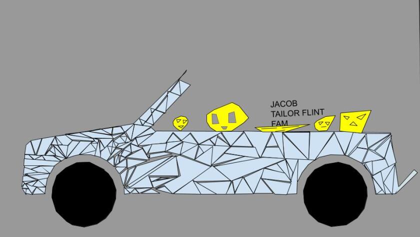 A digital mosaic of a person driving a car with friends in it created by an elementary student