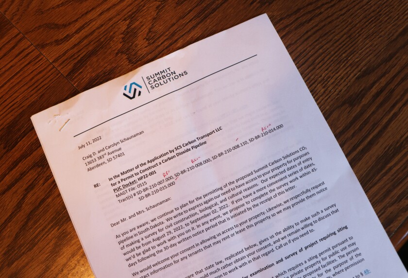 One of many letters between Summit Carbon Solutions and farmers, went to Craig Shaunaman in May 2022.