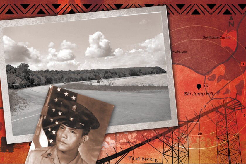 A photo illustration focuses on Ski Jump Hill, which is depicted with a pindrop and radar lines on a map. At left is a photo of a road near a lake and a Native American man in a U.S. military uniform.