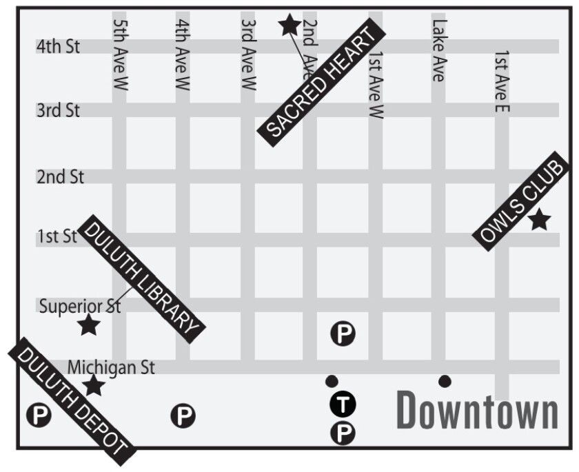 Map showing four venues in the western part of downtown Duluth.