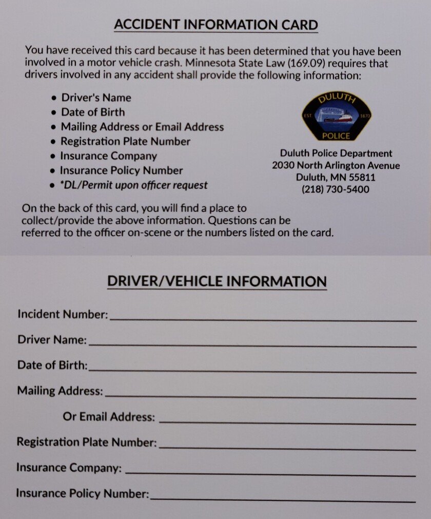 Duluth police accident information card