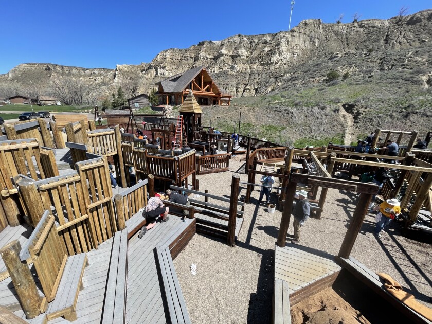 A bird's eye view of the volunteer work being done at Medora Children's Park on Saturday, May 14, 2022.