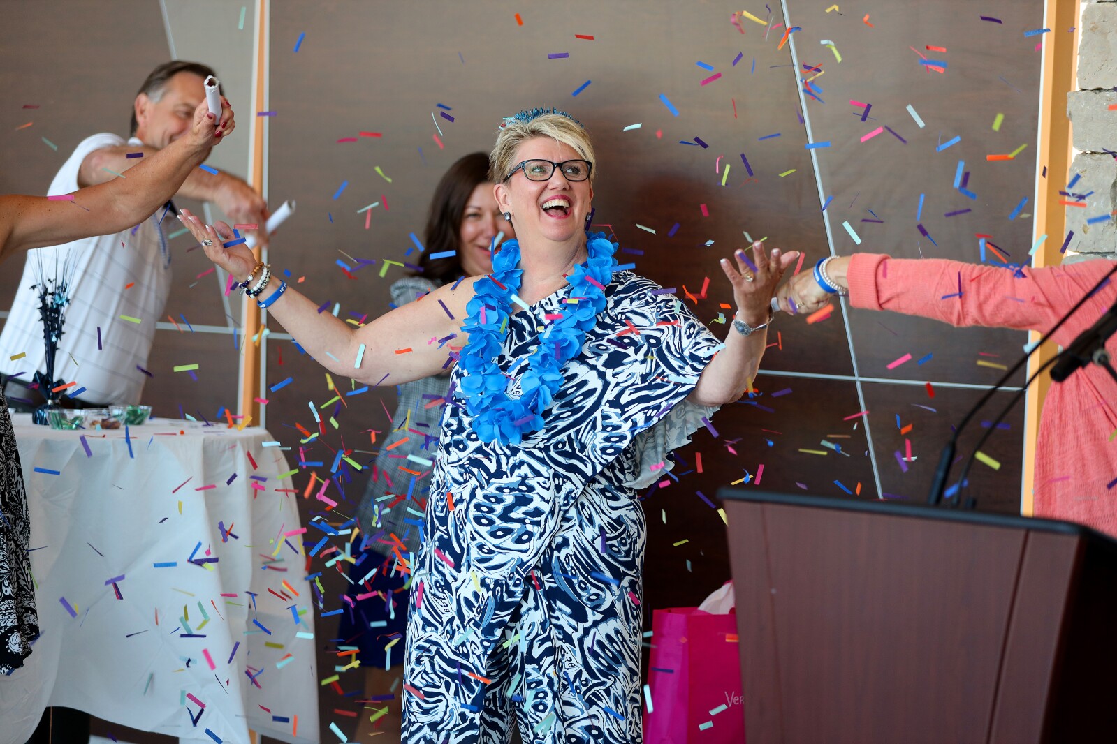 Laine Larson showered in confetti