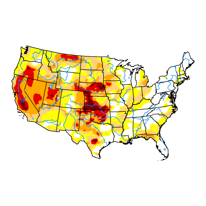 A map of the U.S. shows varying degrees of drought conditions.