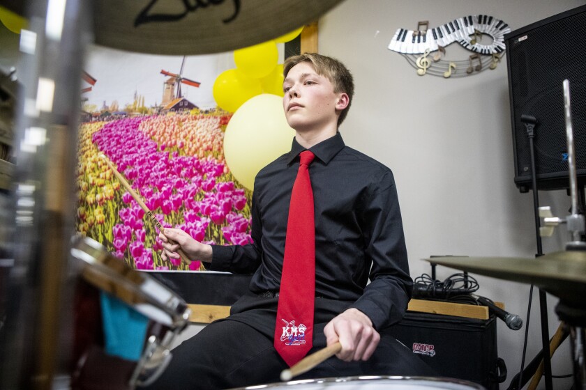 Beau Quisberg keeps the beat going strong while playing with the KMS High School Jazz Ensemble at the Willmar Community Center on Wednesday, March 30, 2022.
