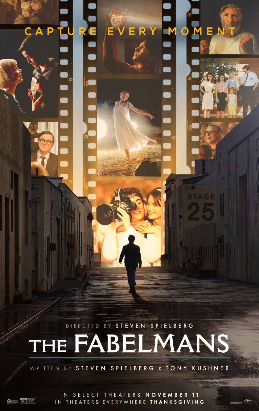 Theatrical release poster for "The Fabelmans" features image of boy walking through a movie lot toward a collection of film stills displayed on strips.