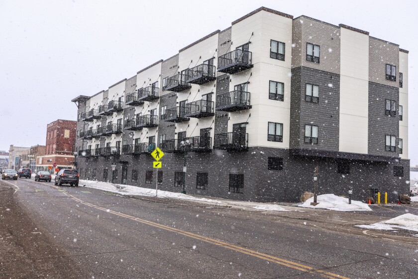 apartment building in snowy conditions