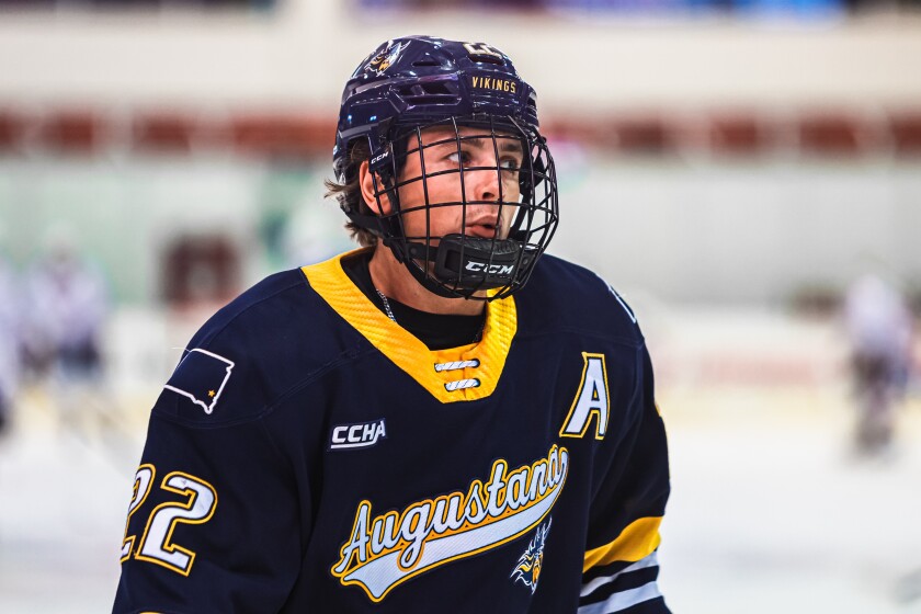 Augustana's Brady Ziemer skates the ice prior to the start of a game against St. Cloud State on Friday, Oct. 25, 2024, at Herb Brooks National Hockey Center in St. Cloud.