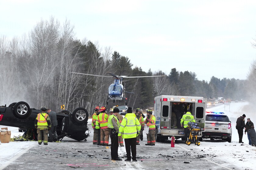 North Memorial helicopter lifts off the scene of a traffic crash on County Highway 3 north of Brainerd in January of 2015. Macy Kujava and her daughter, Spohie were seriously injured in the crash. Forum News Service file photo
