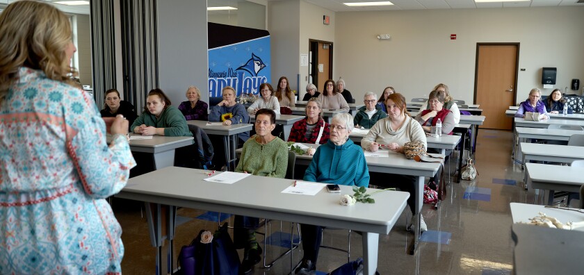 Amanda Walljasper-Tate leads a session on make & take class to make a custom roller during the Women's Expo Health and Lifestyle Show Saturday.