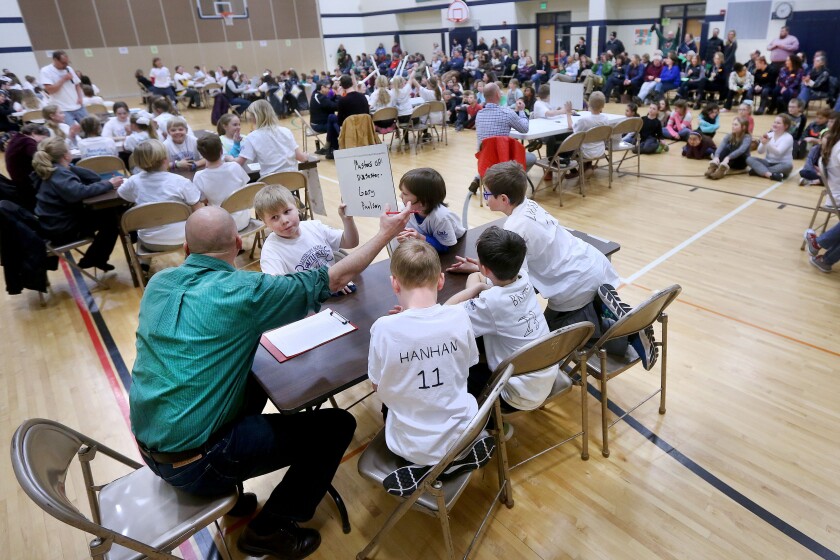 Fourth- and fifth-graders at Lester Park Elementary School in Duluth participate in the 10th annual Battle of the Books in the school gym Friday afternoon in front of parents, friends and teachers. Bob King / rking@duluthnews.com