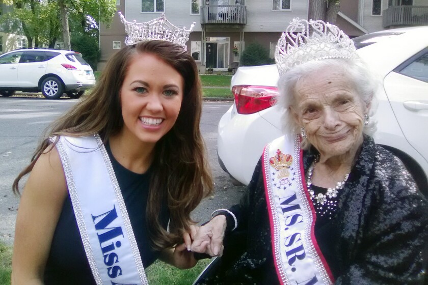 Miss America Cara Mund of Bismarck meets Ms. Senior Minnesota USA June Lynne Lacey on Friday, Sept. 22, 2017, outside the WDAY television studio, Fargo, before returning to Atlantic City, N.J. Joyce Lacey / Special to The Forum