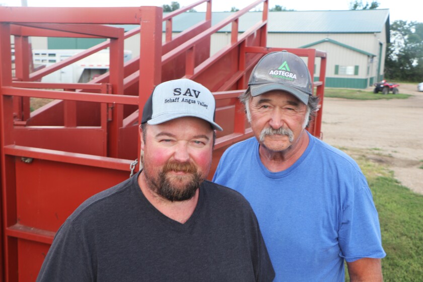 A farmer in his 40s stands, flanked by his father, and against a cattle chute and a tidy farm shop and office building.