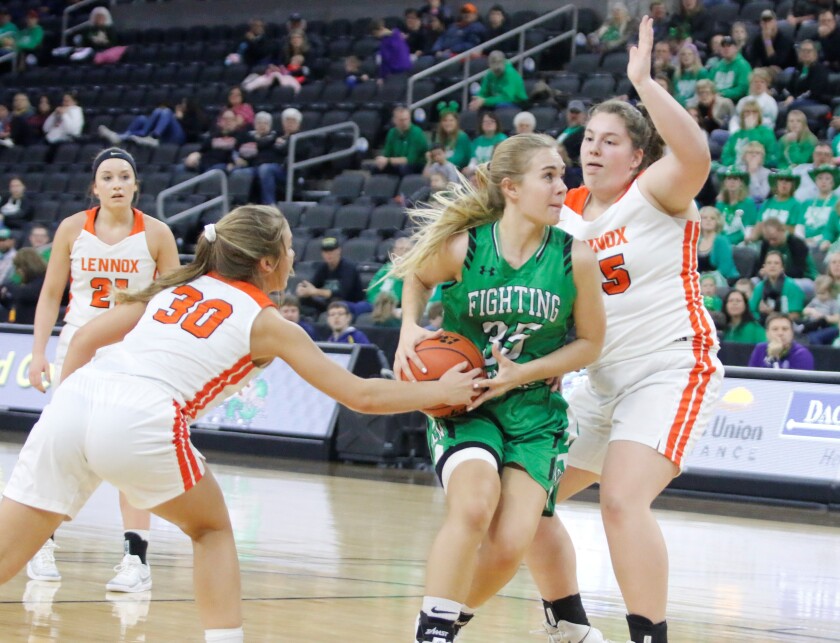 McCook Central/Montrose freshman Ashtyn Wobig splits Lennox defenders Rianna Fillipi (30) and Leslie Fillipi (45) during the Class A state third place game on Saturday at the Premier Center in Sioux Falls. (Nick Sabato / Republic)