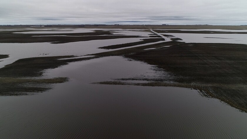 An aerial photo shows water meandering across a bare field.
