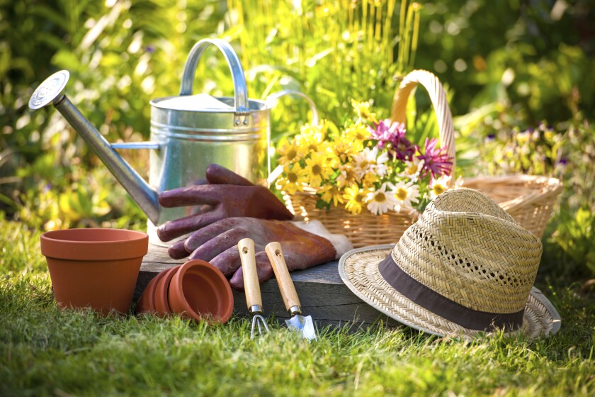 Gardening tools sit along the grass with a flower bed and picked flowers in a basket.