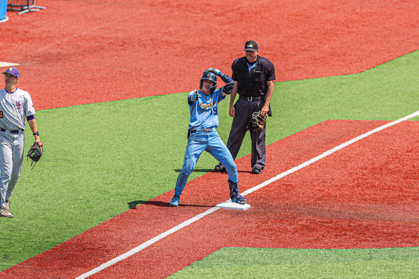 Augustana's Kobe Eikmeier stands on third base after hitting a triple against Minnesota State in an NSIC tournament game Friday, May 8, 2026, at The Birdcage in Sioux Falls.
