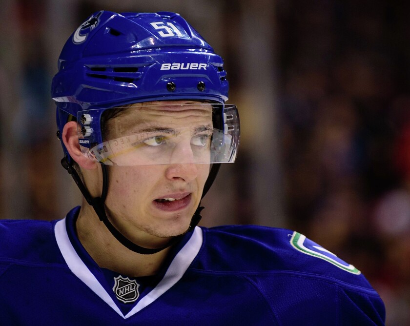Feb 18, 2017; Vancouver, British Columbia, CAN; Vancouver Canucks defenseman Troy Stecher (51) awaits the start of play against the Calgary Flames during the second period at Rogers Arena. The Vancouver Canucks won 2-1 in overtime. Mandatory Credit: Anne-Marie Sorvin-USA TODAY Sports