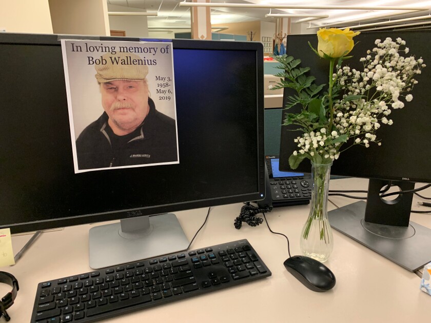 The desk belonging to Bob Wallenius at the Brainerd Dispatch stands as a tribute to him. Renee Richardson / Brainerd Dispatch