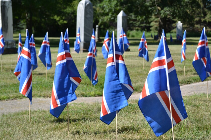 Icelandic flags mark the 45 graves of native Icelanders buried in the Vikur Church Cemetery