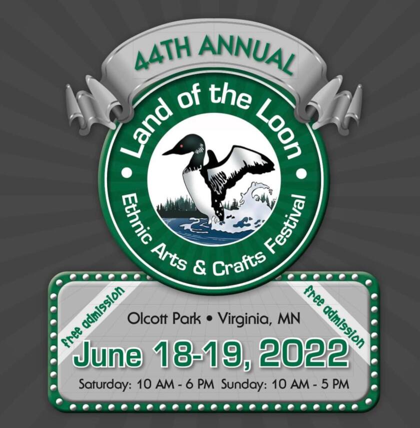 A flyer for the 44th annual Land of the Loon Ethnic Arts & Crafts Festival in Virginia, MN, featuring image of loon landing on water.