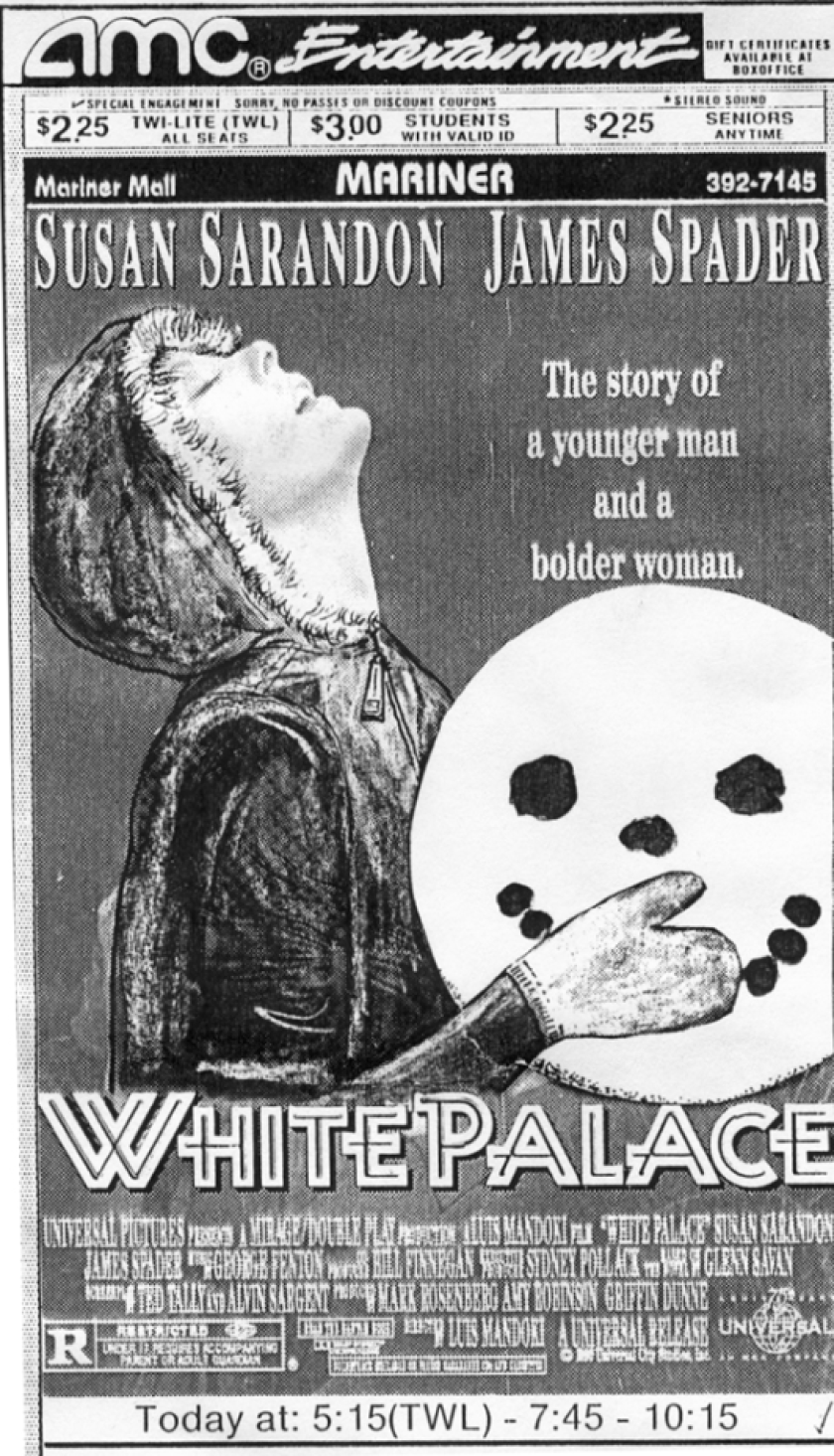A woman in a parka embraces a snowman. It's a fake movie poster for "White Palace." The text says, "The story of a younger man and a bolder woman."